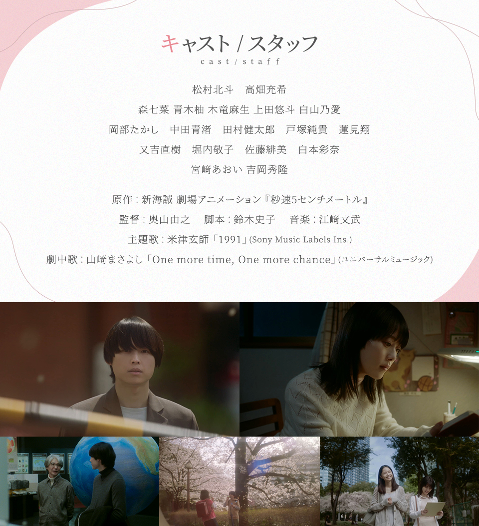 キャスト/スタッフ cast/staff　松村北斗 高畑充希 森七菜 青木柚 木竜麻生 上田悠斗 白山乃愛 岡部たかし 中田青渚 田村健太郎 戸塚純貴 蓮見翔 又吉直樹 堀内敬子 佐藤緋美 白本彩奈 宮﨑あおい 吉岡秀隆　原作：新海誠 劇場アニメーション『秒速5センチメートル』　監督：奥山由之　脚本：鈴木史子　音楽：江﨑文武　主題歌：米津玄師「1991」(Sony Music Labels Ins.)　劇中歌：山崎まさよし「One more time, One more chance」(ユニバーサルミュージック)