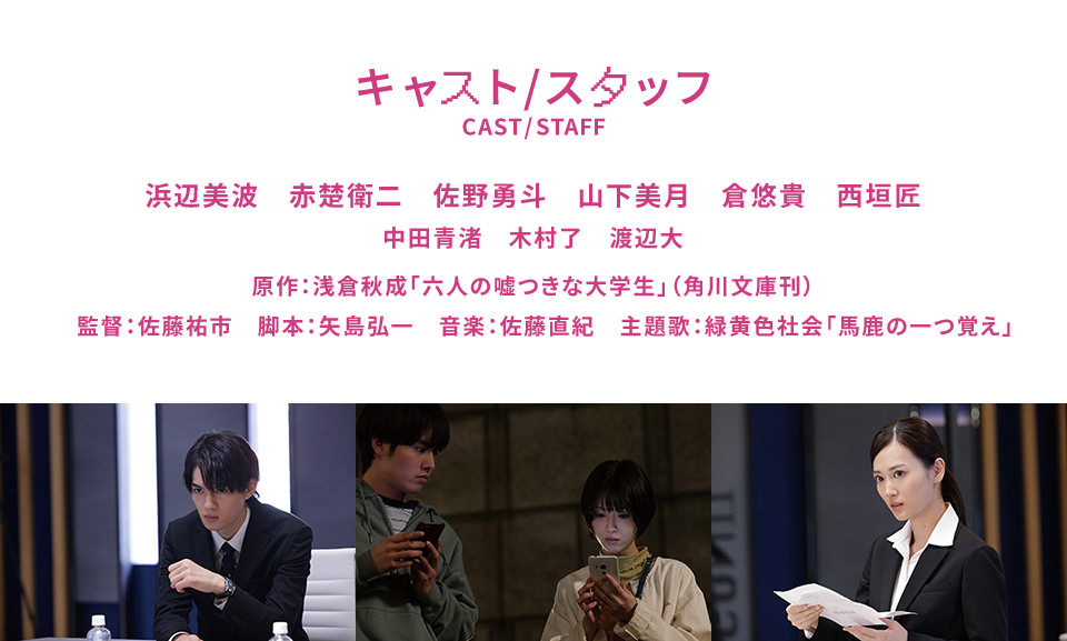 キャスト/スタッフ CAST/STAFF　浜辺美波　赤楚衛二　佐野勇斗　山下美月　倉悠貴　西垣匠　中田青渚　木村了　渡辺大　原作：浅倉秋成「六人の嘘つきな大学生」（角川文庫刊）　監督：佐藤祐市　脚本：矢島弘一　音楽：佐藤直紀　主題歌：緑黄色社会「馬鹿の一つ覚え」