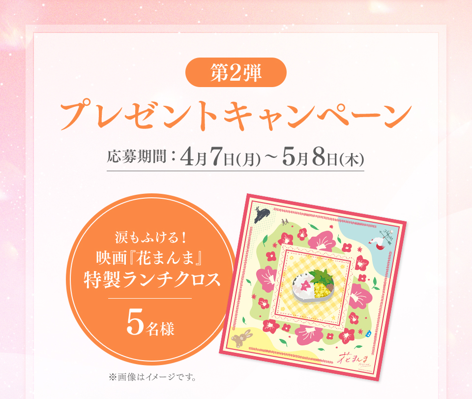第2弾プレゼントキャンペーン 応募期間：4月7日(月)～5月8日(木)　賞品：涙もふける！映画『花まんま』特製ランチクロス 5名様　※画像はイメージです。