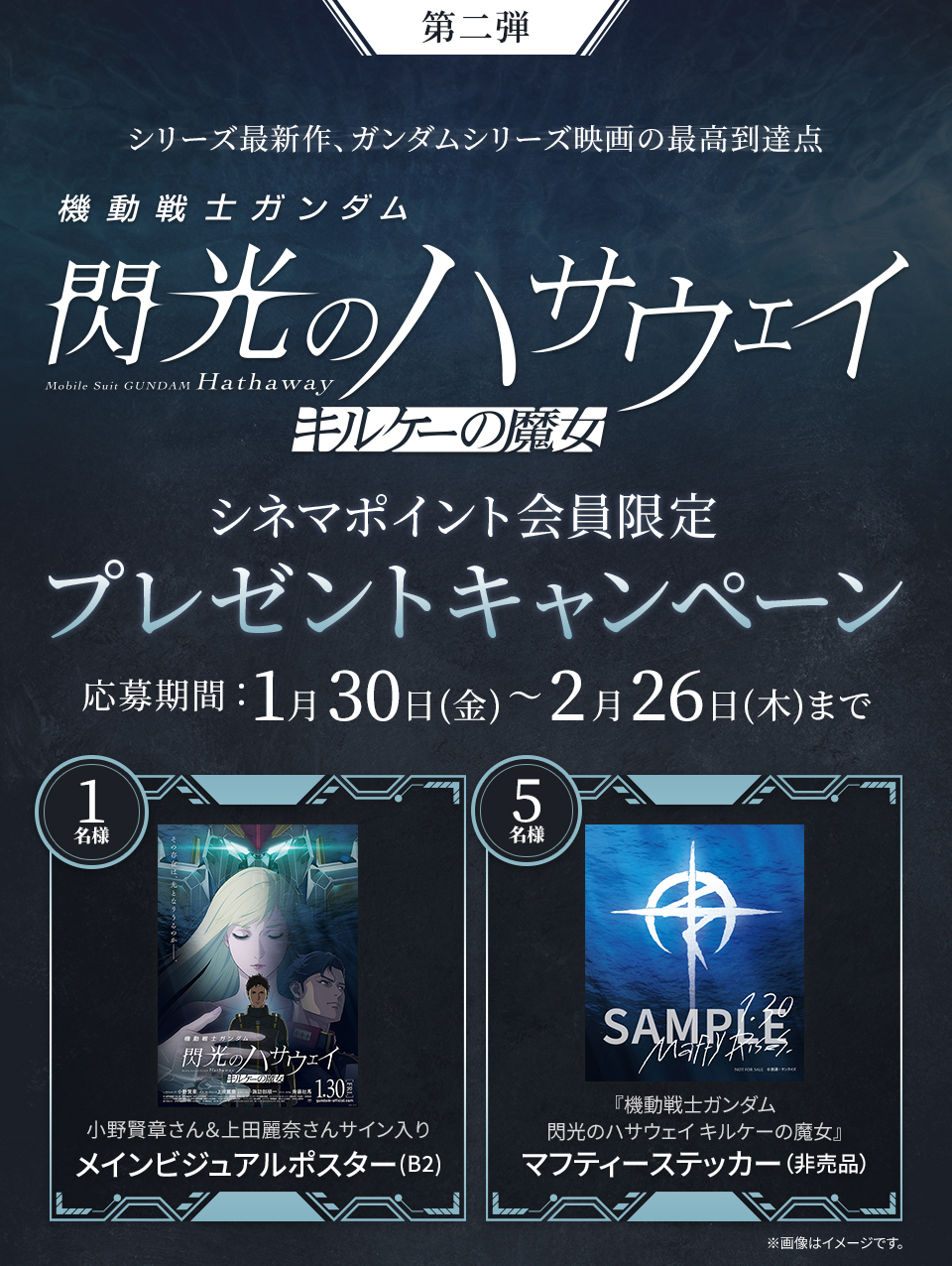 第二弾　シリーズ最新作、ガンダムシリーズ映画の最高到達点 『機動戦士ガンダム 閃光のハサウェイ キルケーの魔女』シネマポイント会員限定プレゼントキャンペーン　応募期間：1月30日(金)～2月26日(木)まで　賞品：小野賢章さん＆上田麗奈さんサイン入り メインビジュアルポスター(B2) 1名様　賞品：『機動戦士ガンダム閃光のハサウェイ キルケーの魔女』マフティーステッカー（非売品） 5名様　※画像はイメージです。