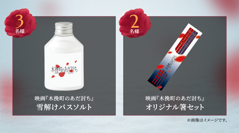 賞品：映画『木挽町のあだ討ち』雪解けバスソルト 3名様　賞品：映画『木挽町のあだ討ち』オリジナル箸セット 2名様　※画像はイメージです。