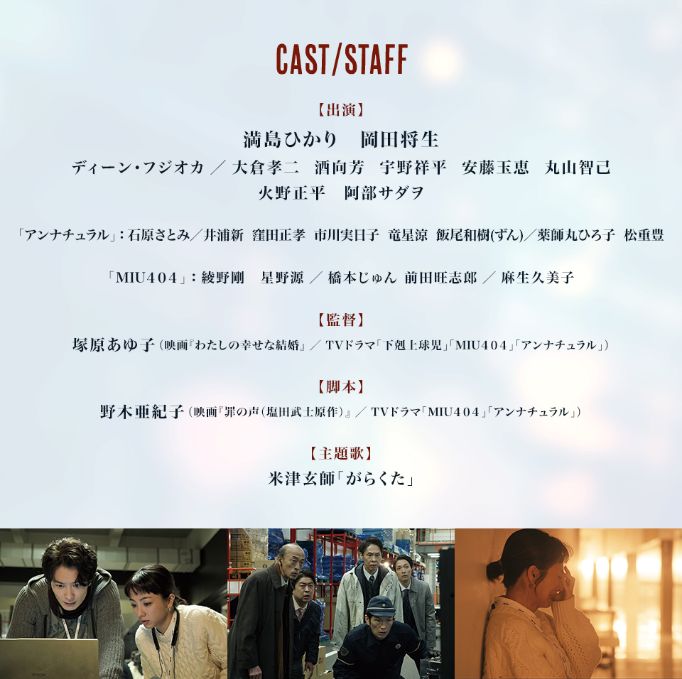 CAST/STAFF　【出演】満島ひかり 岡田将生 ディーン・フジオカ／大倉孝二 酒向芳 宇野祥平 安藤玉恵 丸山智己 火野正平 阿部サダヲ 「アンナチュラル」：石原さとみ／井浦新 窪田正孝 市川実日子 竜星涼 飯尾和樹(ずん)／薬師丸ひろ子 松重豊 「MIU４０４」：綾野剛 星野源／橋本じゅん 前田旺志郎／麻生久美子　【監督】塚原あゆ子（映画『わたしの幸せな結婚』/TVドラマ「下剋上球児」「MIU４０４」「アンナチュラル」）　【脚本】野木亜紀子（映画『罪の声（塩田武士原作）』/TVドラマ「MIU４０４」「アンナチュラル」）　【主題歌】米津玄師「がらくた」