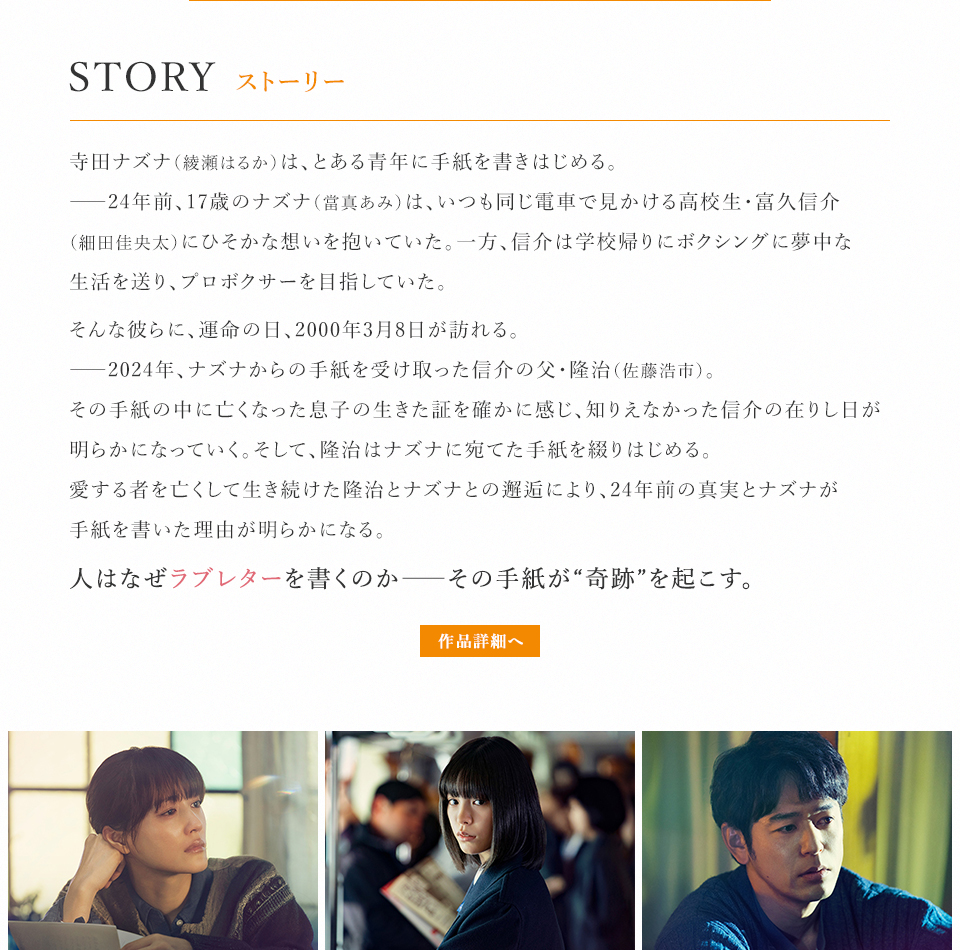 STORY ストーリー　寺田ナズナ（綾瀬はるか）は、とある青年に手紙を書きはじめる。――24年前、17歳のナズナ（當真あみ）は、いつも同じ電車で見かける高校生・富久信介（細田佳央太）にひそかな想いを抱いていた。一方、信介は学校帰りにボクシングに夢中な生活を送り、プロボクサーを目指していた。そんな彼らに、運命の日、2000年3月8日が訪れる。――2024年、ナズナからの手紙を受け取った信介の父・隆治（佐藤浩市）。その手紙の中に亡くなった息子の生きた証を確かに感じ、知りえなかった信介の在りし日が明らかになっていく。そして、隆治はナズナに宛てた手紙を綴りはじめる。愛する者を亡くして生き続けた隆治とナズナとの邂逅により、24年前の真実とナズナが手紙を書いた理由が明らかになる。人はなぜラブレターを書くのか――その手紙が“奇跡”を起こす。　作品詳細へ