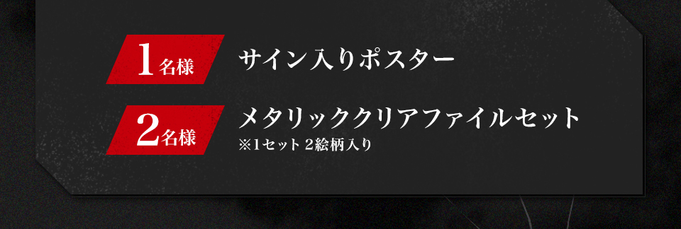 賞品：サイン入り本ポスター 1名様　賞品：メタリッククリアファイルセット ※1セット 2絵柄入り 2名様