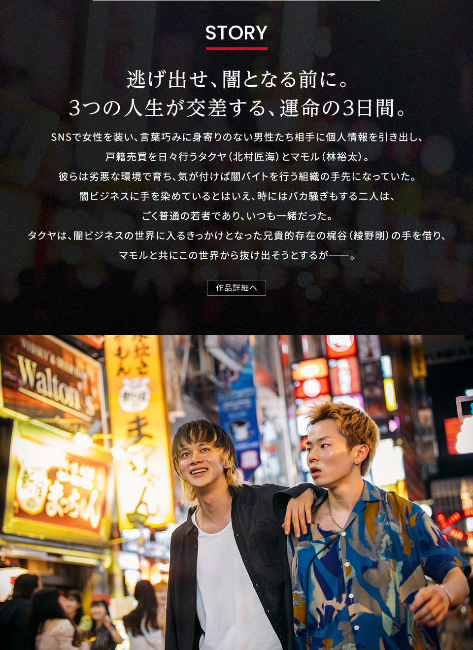 STORY　逃げ出せ、闇となる前に。3つの人生が交差する、運命の3日間。SNSで女性を装い、言葉巧みに身寄りのない男性たち相手に個人情報を引き出し、戸籍売買を日々行うタクヤ（北村匠海）とマモル（林裕太）。彼らは劣悪な環境で育ち、気が付けば闇バイトを行う組織の手先になっていた。闇ビジネスに手を染めているとはいえ、時にはバカ騒ぎもする二人は、ごく普通の若者であり、いつも一緒だった。タクヤは、闇ビジネスの世界に入るきっかけとなった兄貴的存在の梶谷（綾野剛）の手を借り、マモルと共にこの世界から抜け出そうとするが─。　作品詳細へ