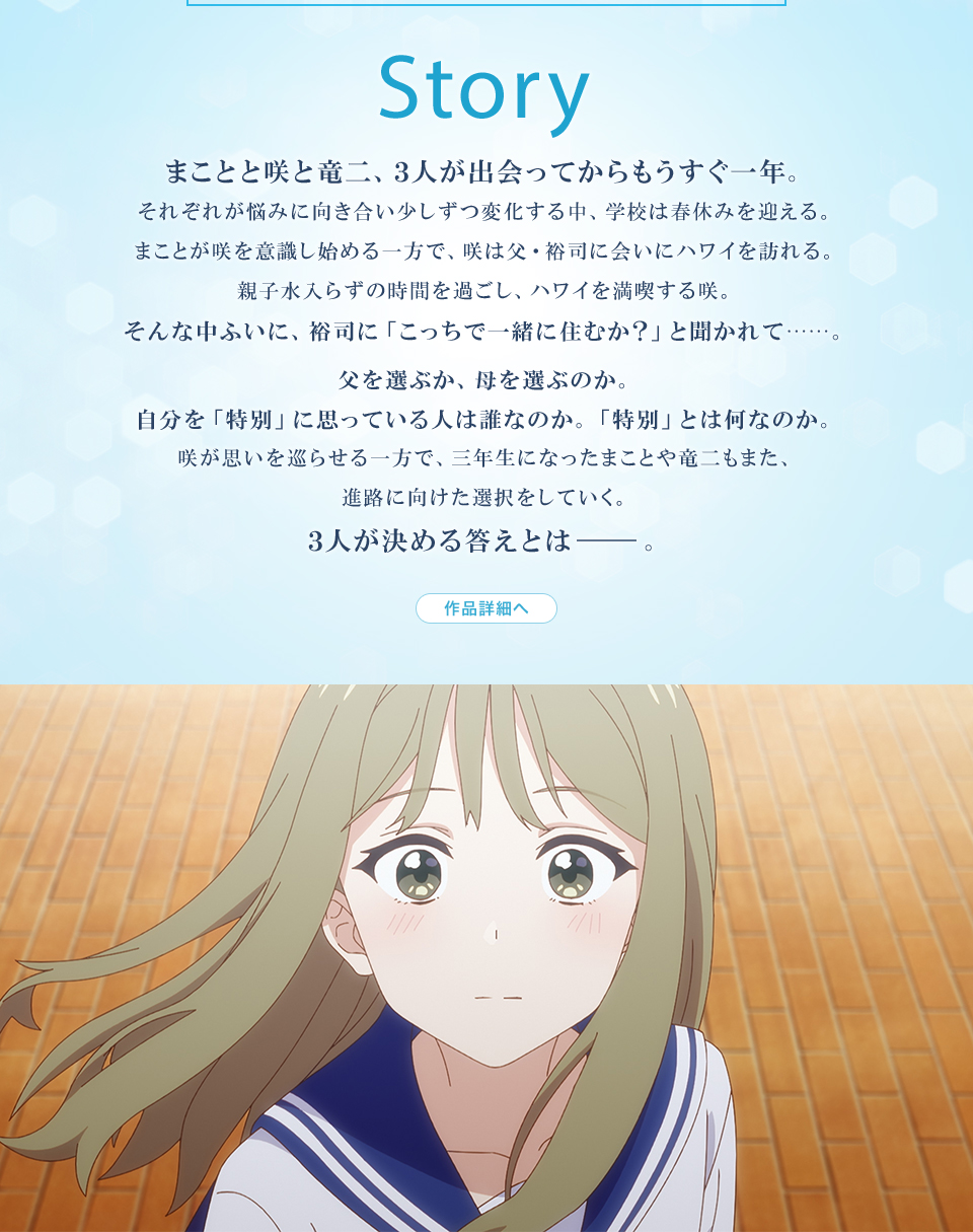 Story　まことと咲と竜二、3人が出会ってからもうすぐ一年。それぞれが悩みに向き合い少しずつ変化する中、学校は春休みを迎える。まことが咲を意識し始める一方で、咲は父・裕司に会いにハワイを訪れる。親子水入らずの時間を過ごし、ハワイを満喫する咲。そんな中ふいに、裕司に「こっちで一緒に住むか？」と聞かれて……。父を選ぶか、母を選ぶのか。自分を「特別」に思っている人は誰なのか。「特別」とは何なのか。咲が思いを巡らせる一方で、三年生になったまことや竜二もまた、進路に向けた選択をしていく。3人が決める答えとは―。　作品詳細へ