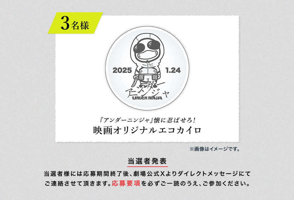 賞品：『アンダーニンジャ』懐に忍ばせろ！映画オリジナルエコカイロ 3名様　※画像はイメージです。　当選者発表 当選者様には応募期間終了後、劇場公式Xよりダイレクトメッセージにてご連絡させて頂きます。応募要項を必ずご一読のうえ、ご参加ください。