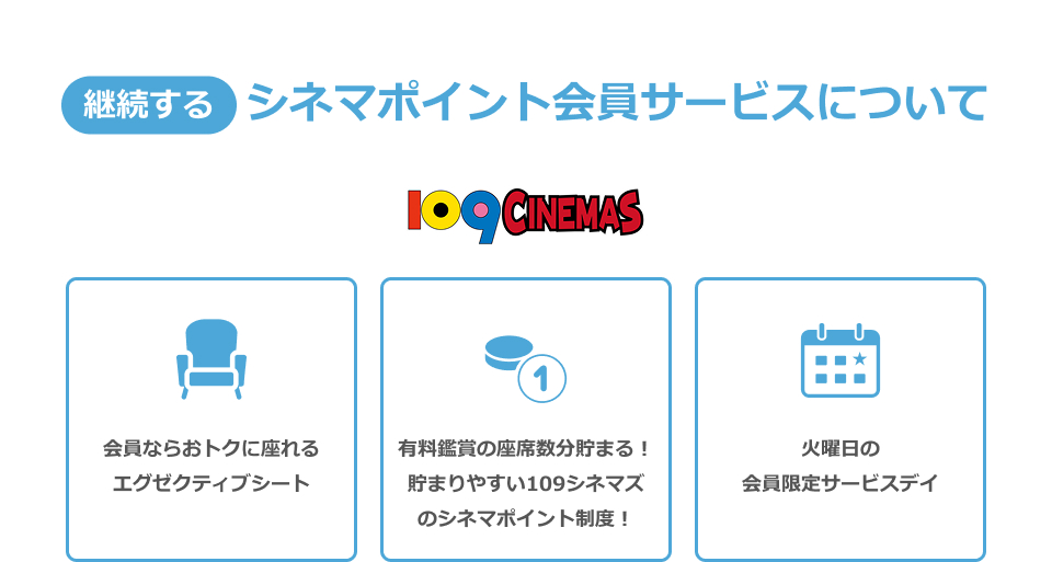 継続するシネマポイント会員サービスについて　１０９シネマズ　会員ならおトクに座れるエグゼクティブシート　有料鑑賞の座席数分貯まる！貯まりやすい109シネマズのシネマポイント制度！　火曜日の会員限定サービスデイ